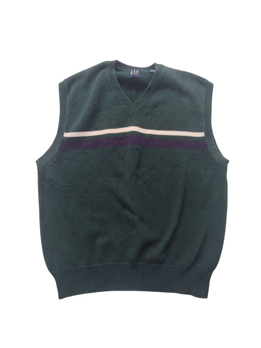 Vintage 90s Mens GAP Sweater Vest M Green Preppy Ivy Leave Cotton Stripe V-neck